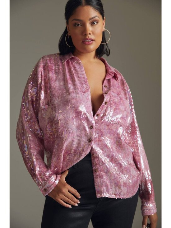 Anthropologie Pilcro Tops - Anthropologie Pilcro Pink Sequin Button-Up Blouse Top Long Sleeves Size Large